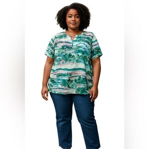 KAREN SCOTT SHORT SLEEVED HENLEY PRINT TEE Size XXL Multicolored